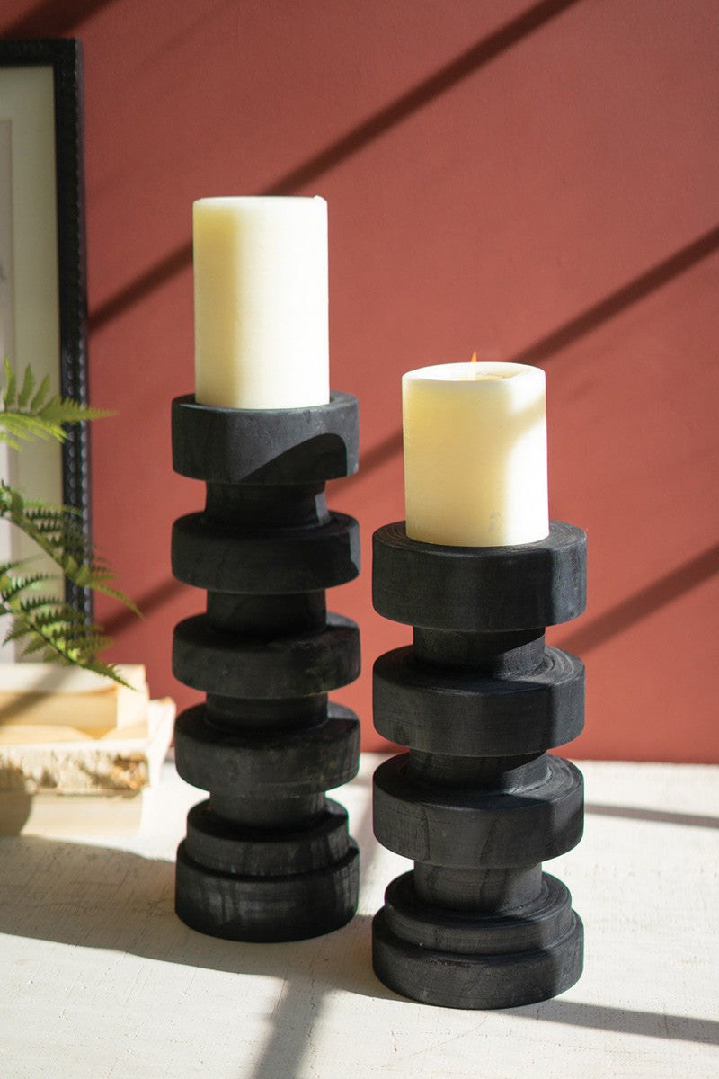 Set of 2 Black Turned Wood Candle Towers