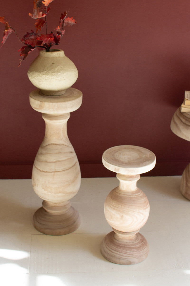 Set of 2 Turned Natural Wood Pedestals