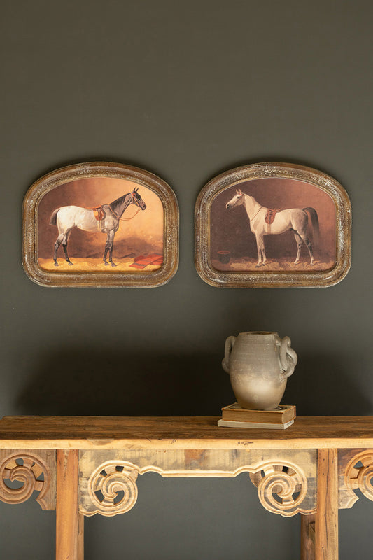 Set of 2 Arched Framed Horse Prints under Glass