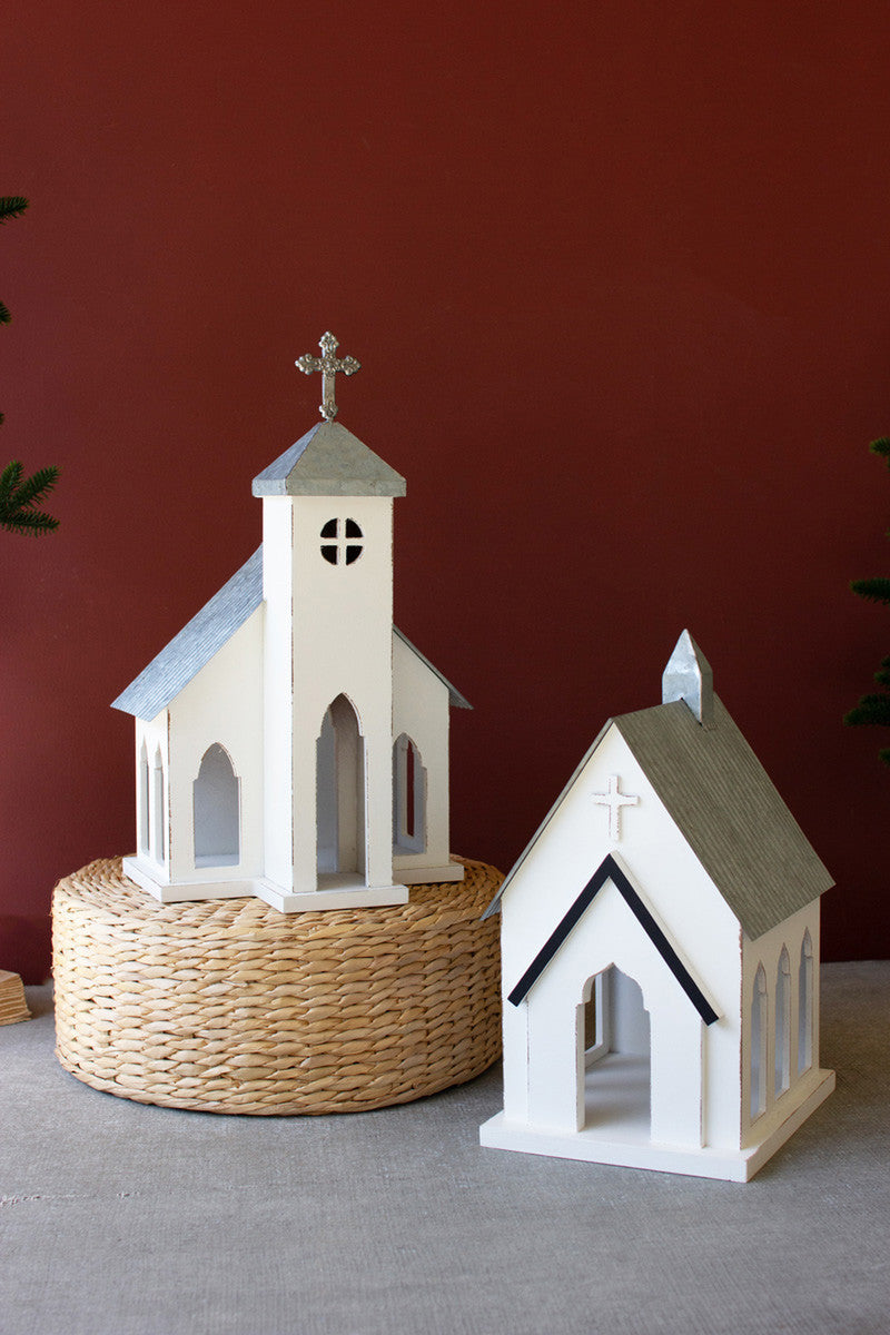 Set of 2 Wooden Christmas Churches with Galvanized Roofs