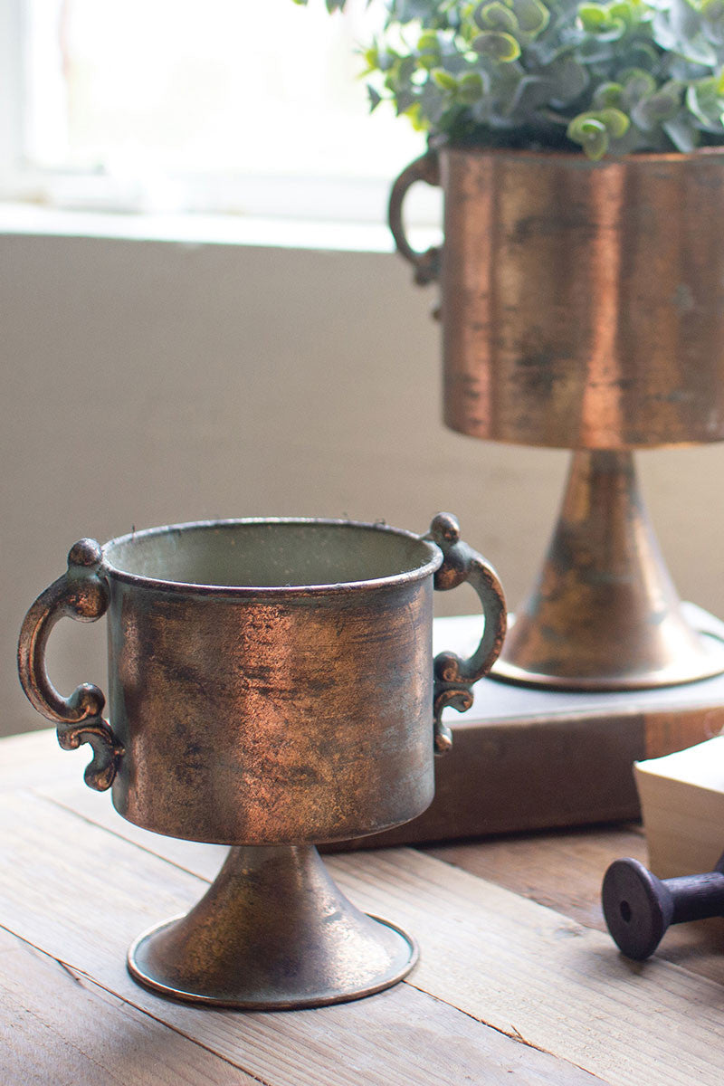 SET OF TWO ANTIQUE COPPER FINISH PLANTERS WITH HANDLES