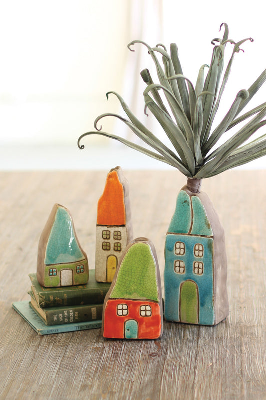 SET OF FOUR COLORFUL CERAMIC HOUSE BUD VASES