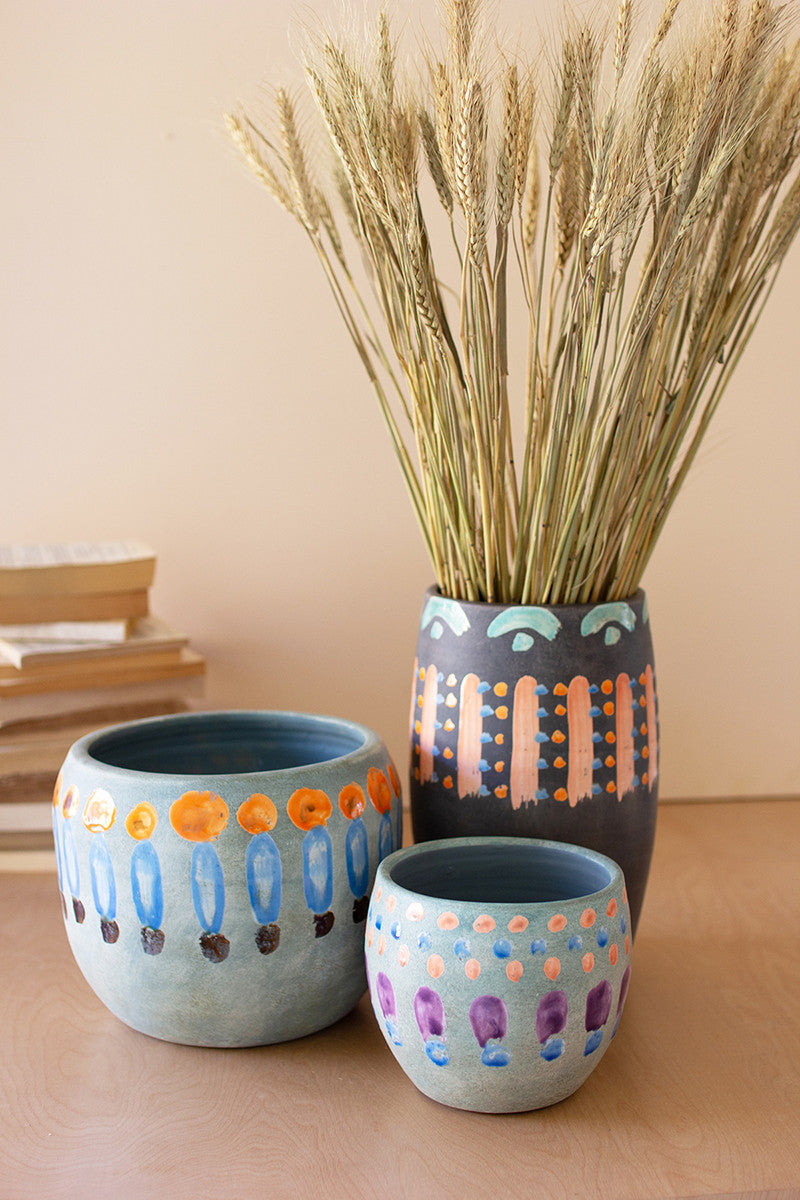 SET OF THREE HAND-PAINTED COLORFUL CERAMIC VASES