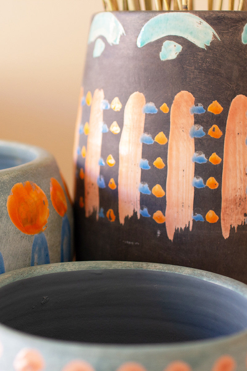 SET OF THREE HAND-PAINTED COLORFUL CERAMIC VASES