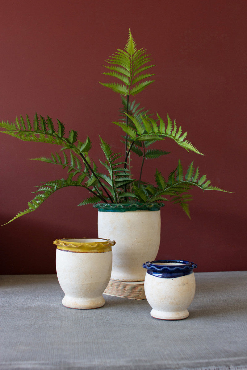 Set of 3 Ruffled Ceramic Flower Pots with Blue, Mustard and Green Details