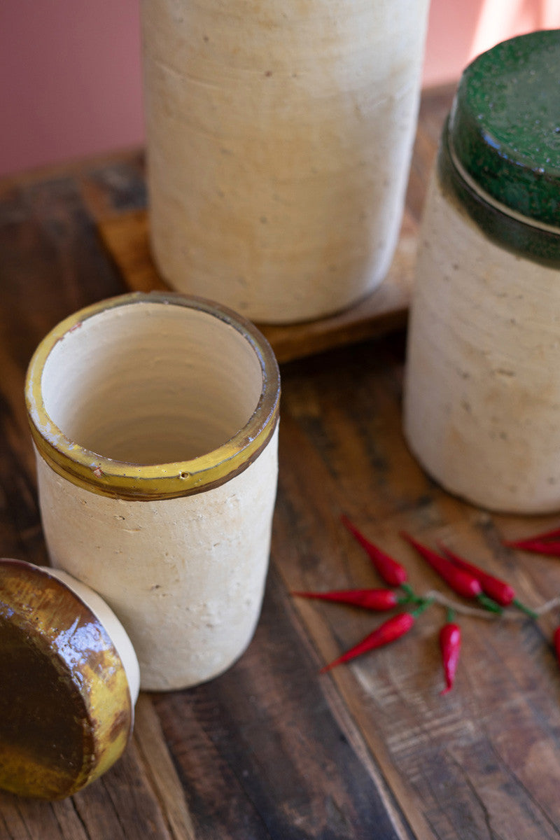 Set of 3 Ceramic Canisters with Blue, Mustard and Green Lids