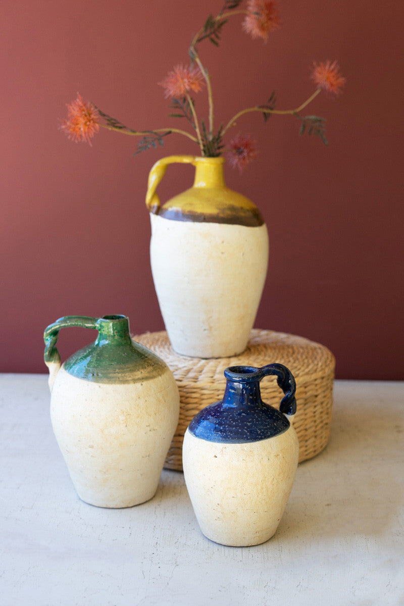 Set of 3 Ceramic Jugs with Blue, Mustard and Green Details