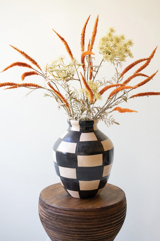 Black and Natural Checkered Ceramic Urn