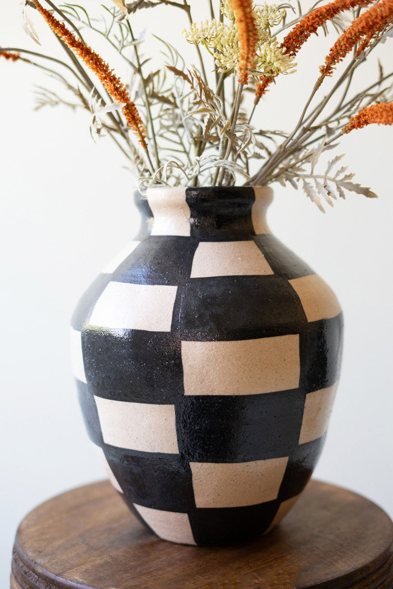 Black and Natural Checkered Ceramic Urn