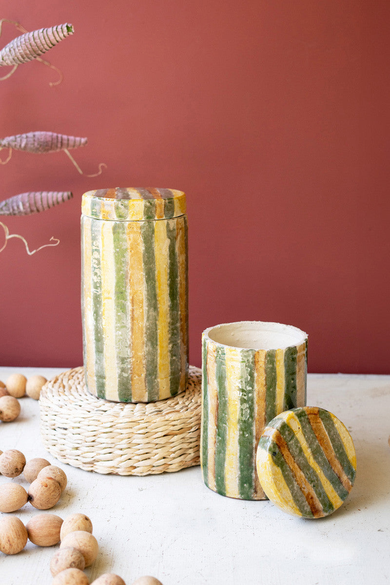 Set of 2 Ceramic Canisters with Olive and Tobacco Stripes