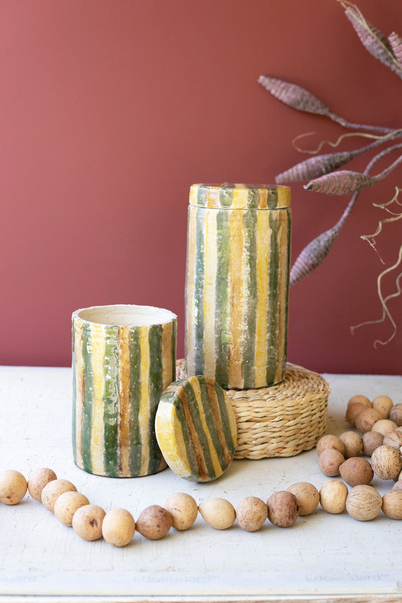 Set of 2 Ceramic Canisters with Olive and Tobacco Stripes