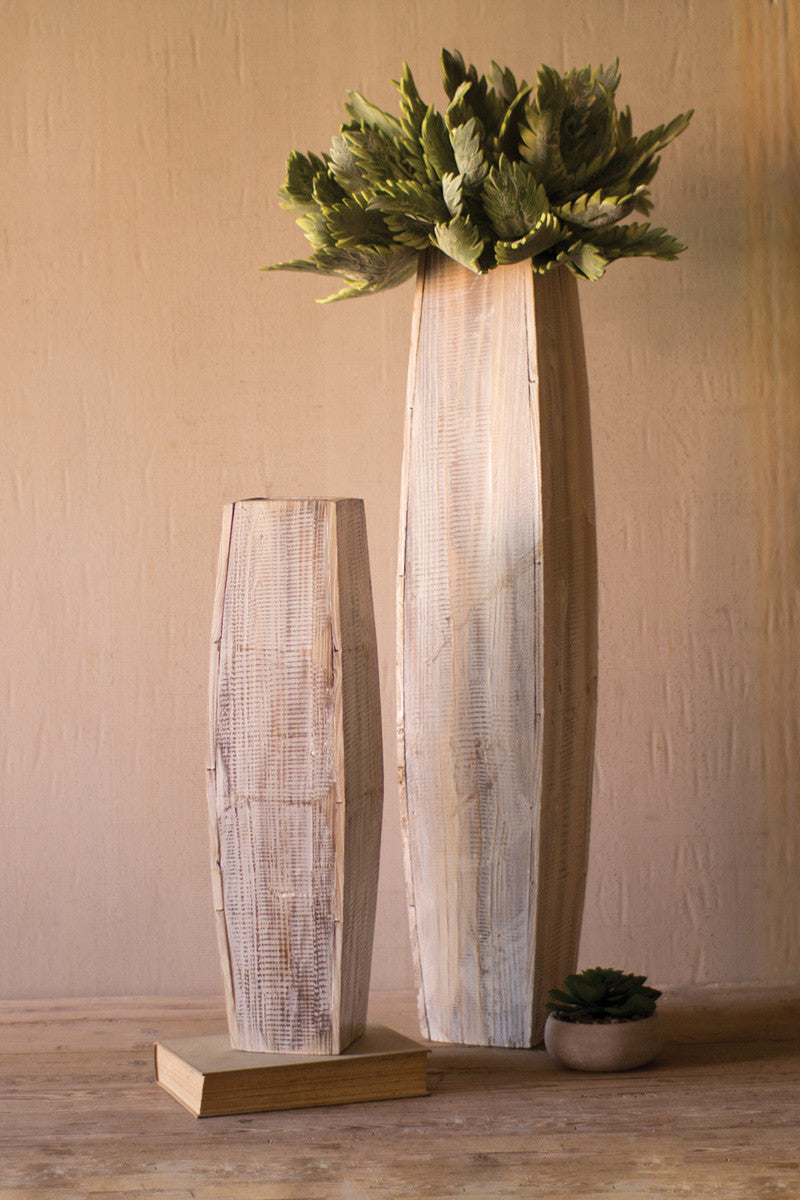 SET OF TWO WHITE-WASHED TALL OBLONG WOODEN VASES