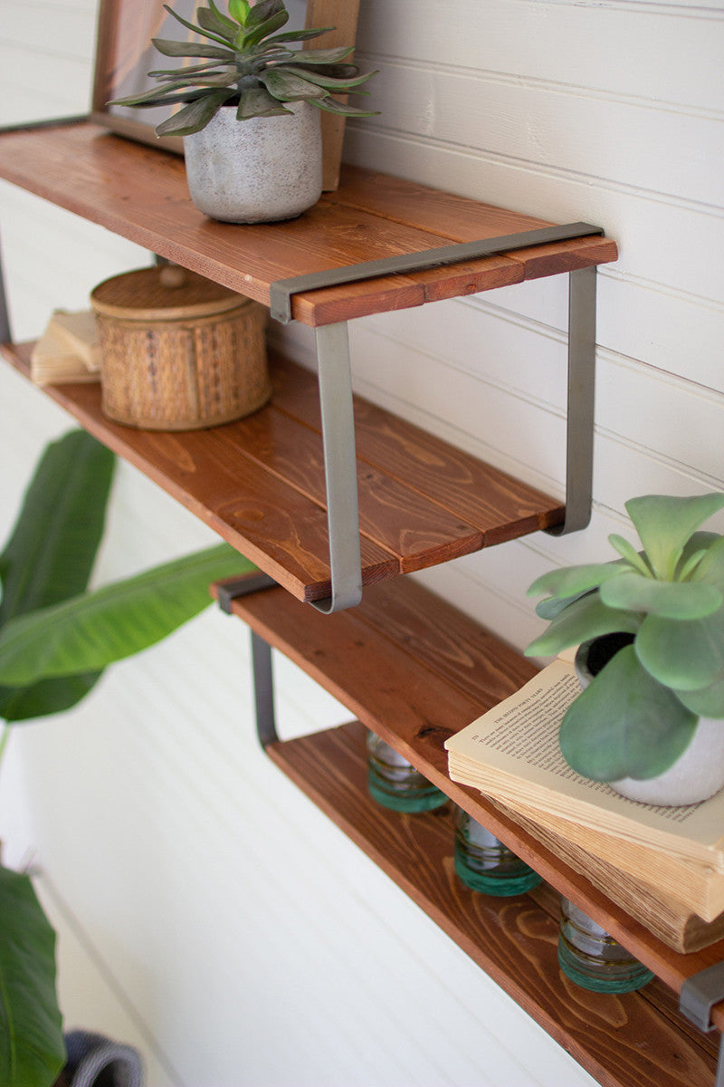 SET OF TWO RECYCLED WOOD AND METAL SHELVES