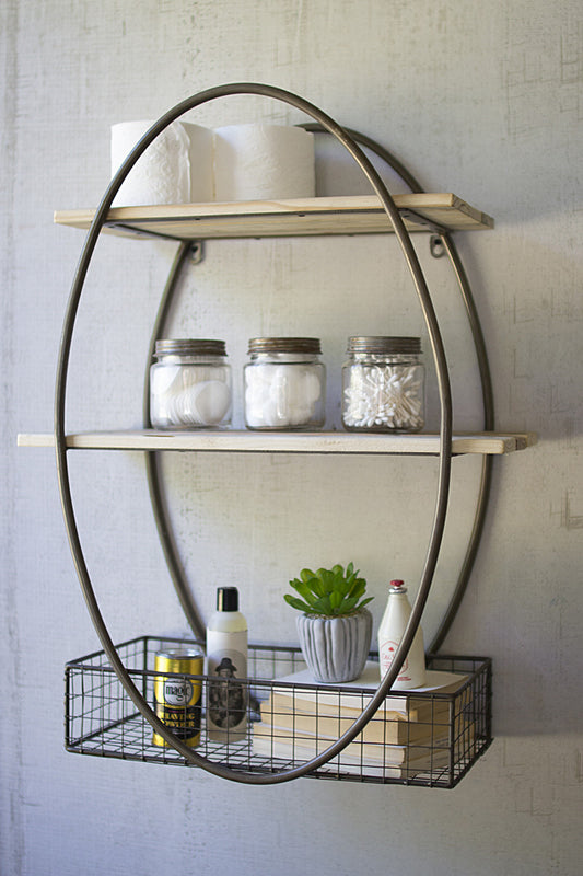 TALL OVAL METAL FRAMED WALL UNIT WITH RECYCLED WOOD SHELVES