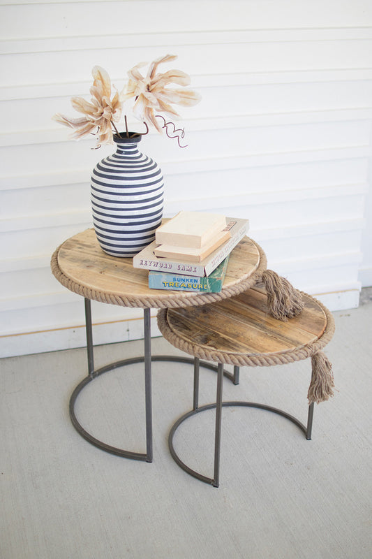 SET OF TWO ROUND NESTING TABLES- RECYCLE WOOD W ROPE ACCENT
