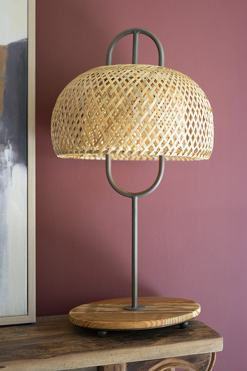 Metal and Wood Table Lamp with Woven Cane Shade