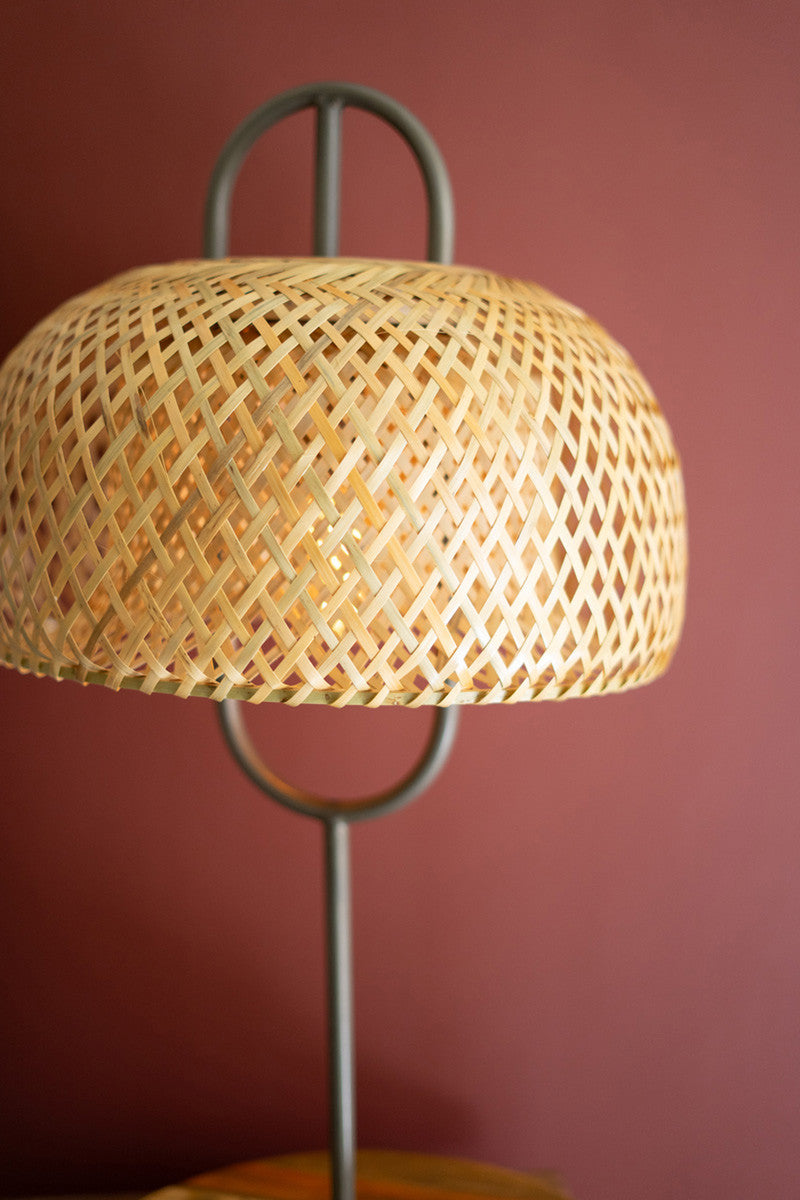 Metal and Wood Table Lamp with Woven Cane Shade