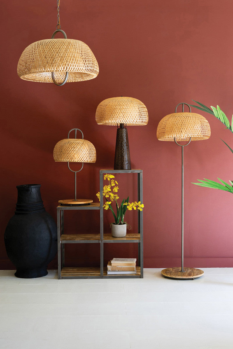 Metal and Wood Table Lamp with Woven Cane Shade