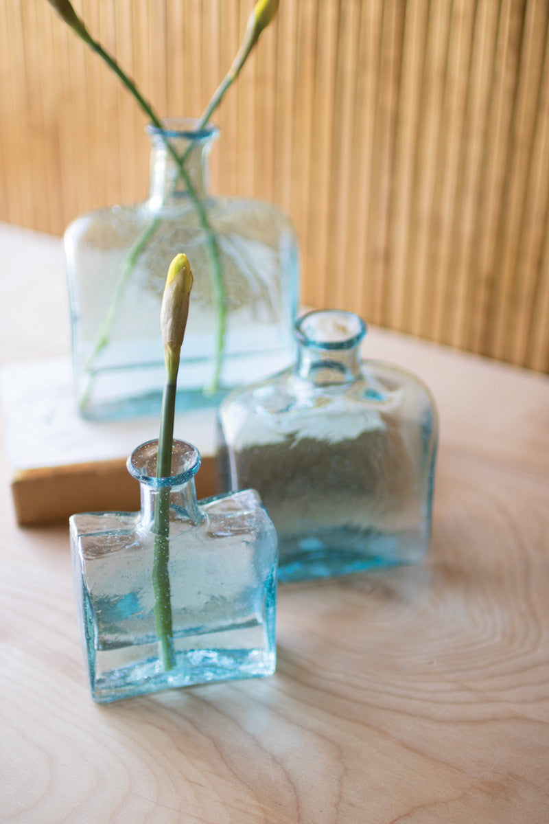 SET OF THREE RECYCLED GLASS SQUARE GLASS VASES