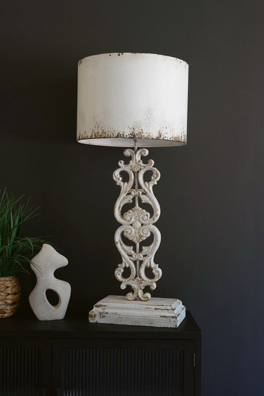 TABLE LAMP - ANTIQUE WHITE WITH CARVED DAMASK BASE
