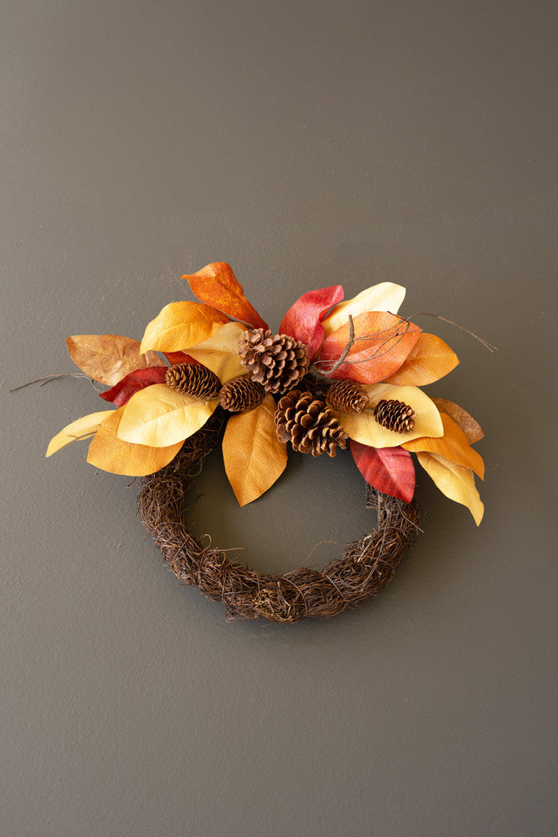 Fall Faux Dried Magnolia Leaves and Pine Cones Wreath