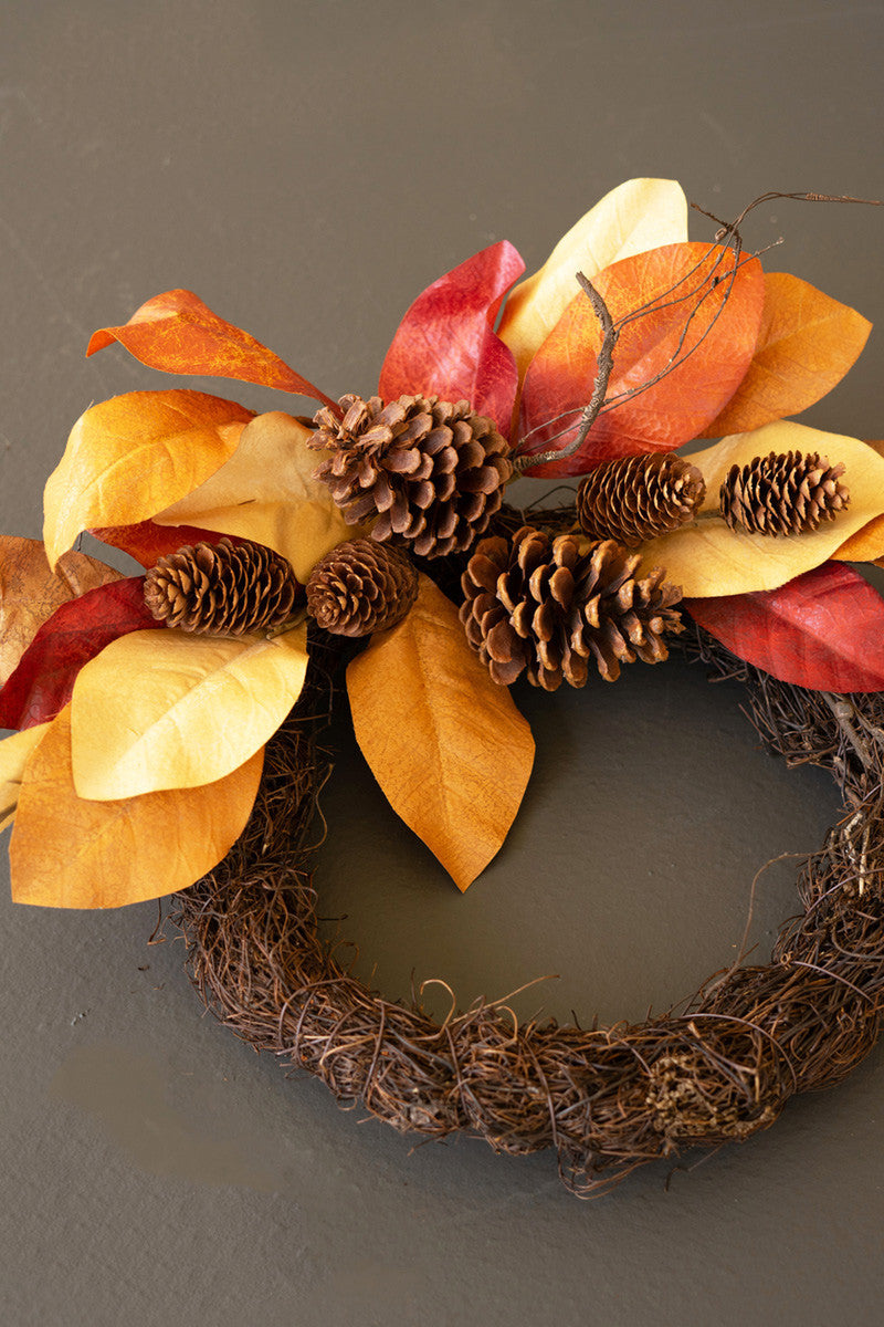 Fall Faux Dried Magnolia Leaves and Pine Cones Wreath