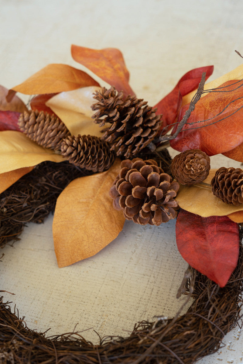 Fall Faux Dried Magnolia Leaves and Pine Cones Wreath