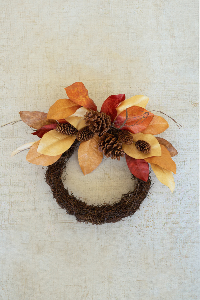 Fall Faux Dried Magnolia Leaves and Pine Cones Wreath