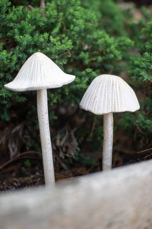 Set of 2 Antique White Cast Iron Mushroom Yard Stakes