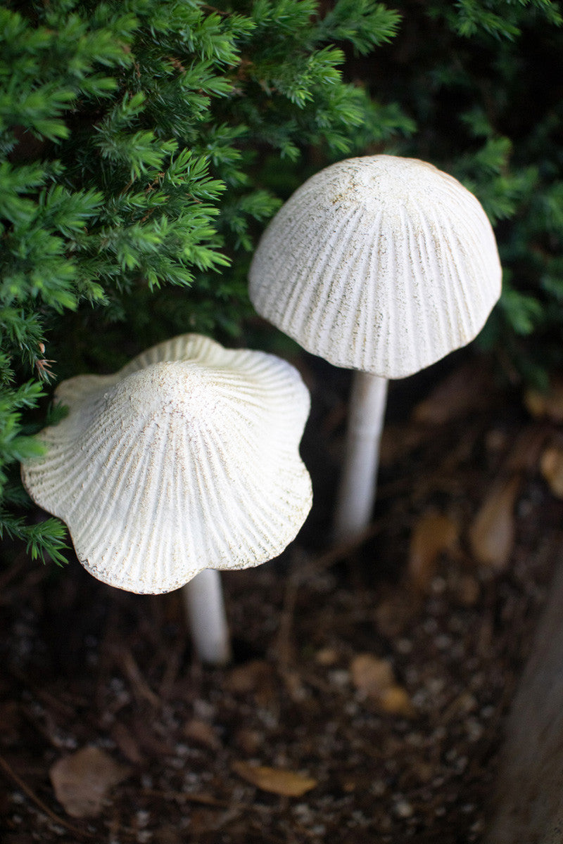 Set of 2 Antique White Cast Iron Mushroom Yard Stakes