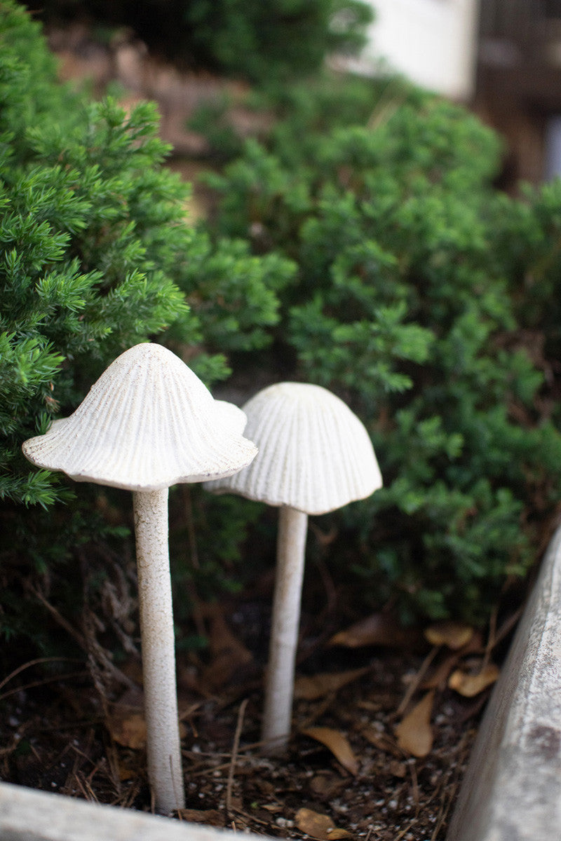 Set of 2 Antique White Cast Iron Mushroom Yard Stakes