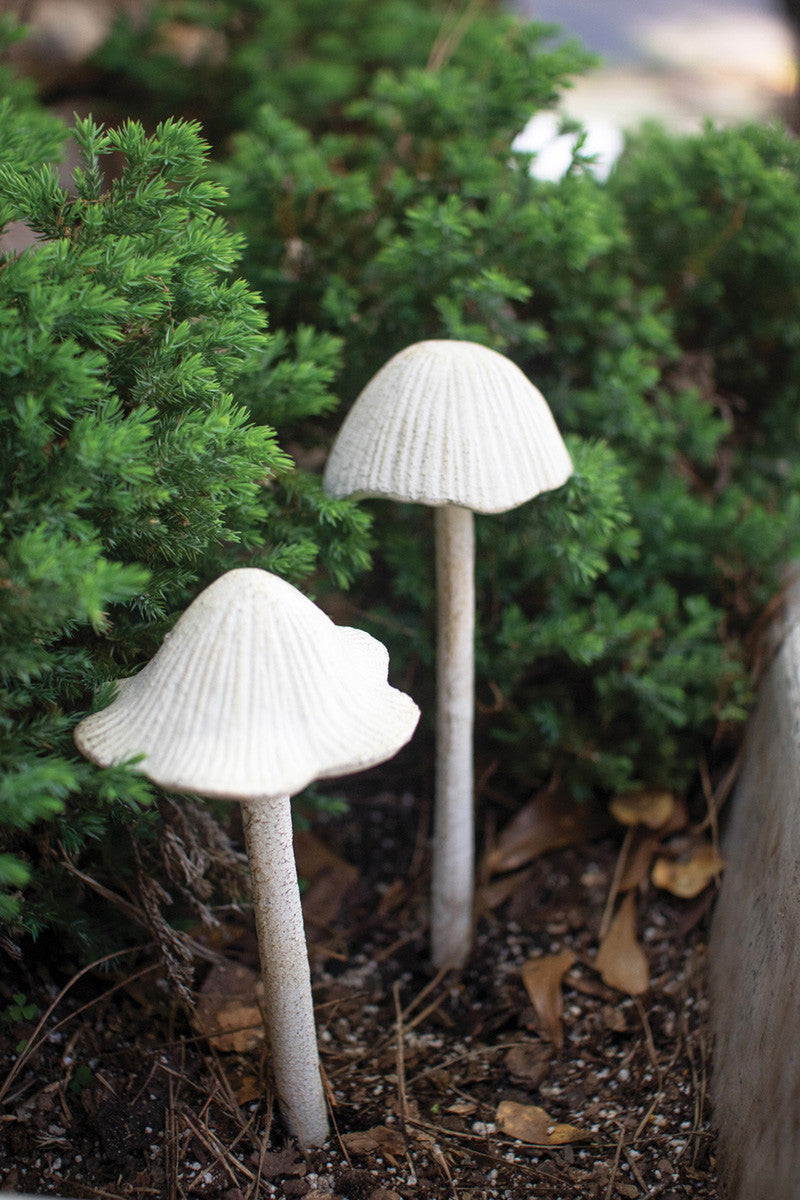 Set of 2 Antique White Cast Iron Mushroom Yard Stakes