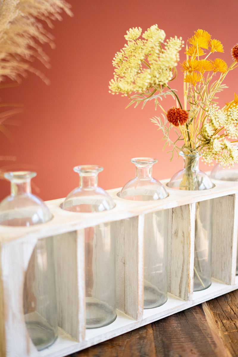 Five Glass Bud Vases in an Antique White Wooden Crate