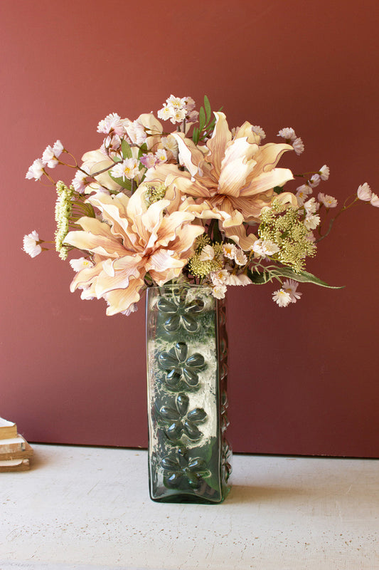 Square Glass Vase with Embossed Flowers