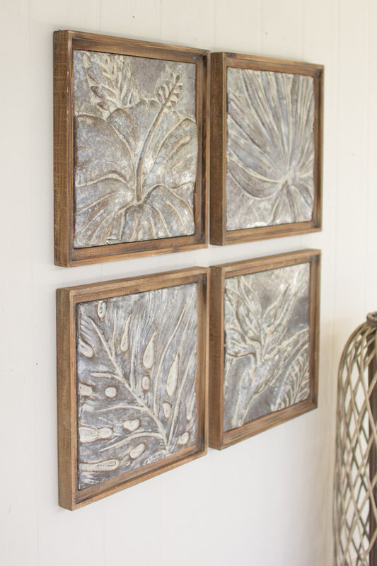 SET OF FOUR FRAMED TROPICAL PRESSED METAL TILES