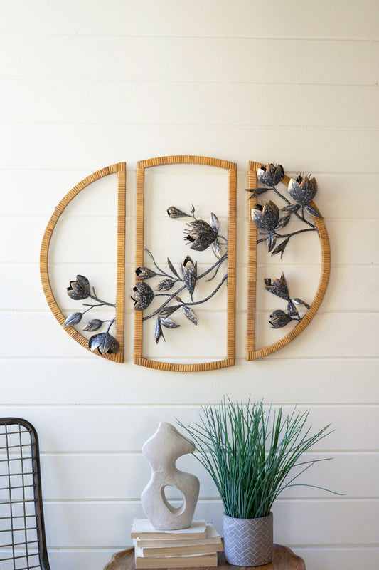 THREE PIECE RATTAN FRAMED FLORAL WALL ART