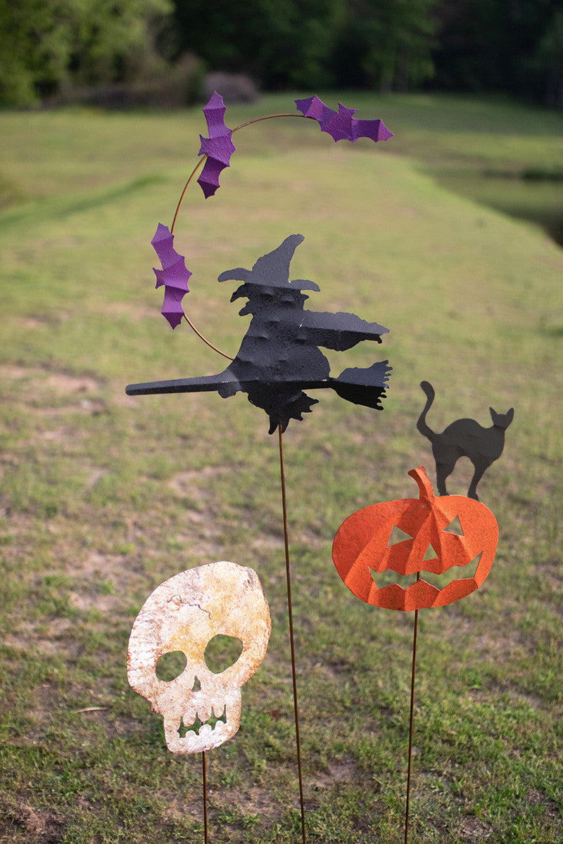 Set of 3 Painted Metal Witch, Skull and Pumpkin Stakes