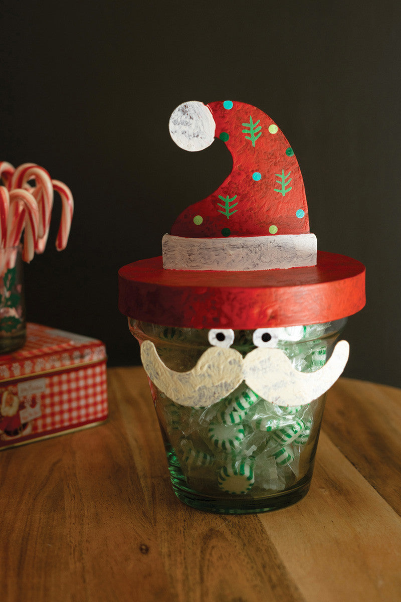 Painted Metal Santa Hat with Glass Pot