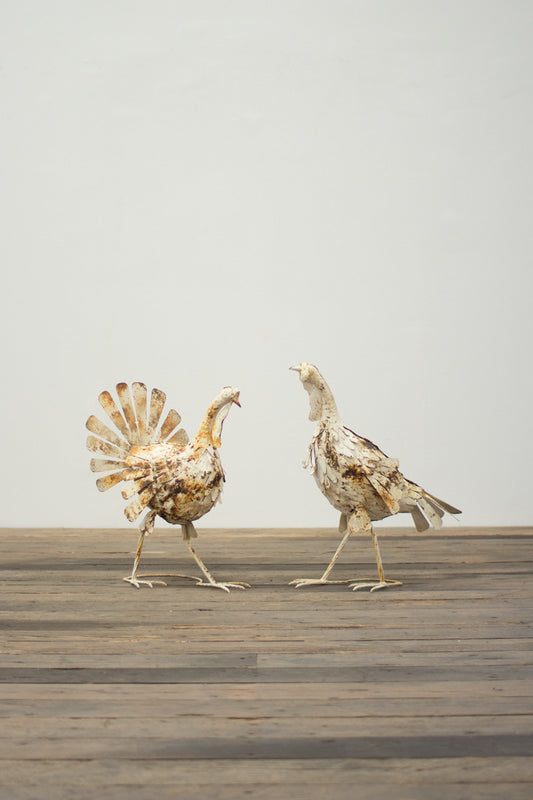 SET OF TWO ANTIQUE WHITE METAL TURKEYS