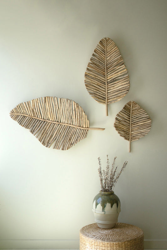 Set of 3 Teakwood Leaves Wall Art