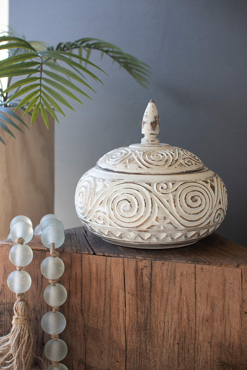 Hand-Carved Decorative Natural and White Wood Container with Lid