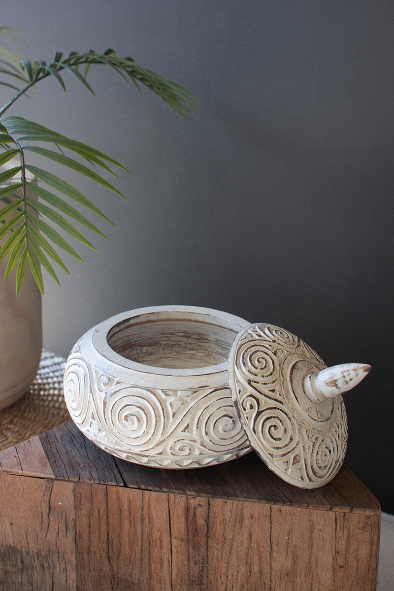 Hand-Carved Decorative Natural and White Wood Container with Lid