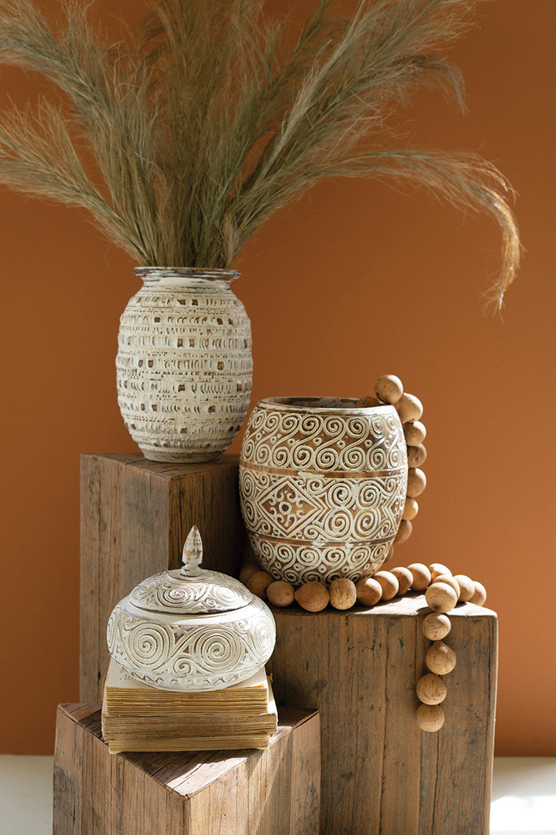 Hand-Carved Decorative Natural and White Wood Container with Lid