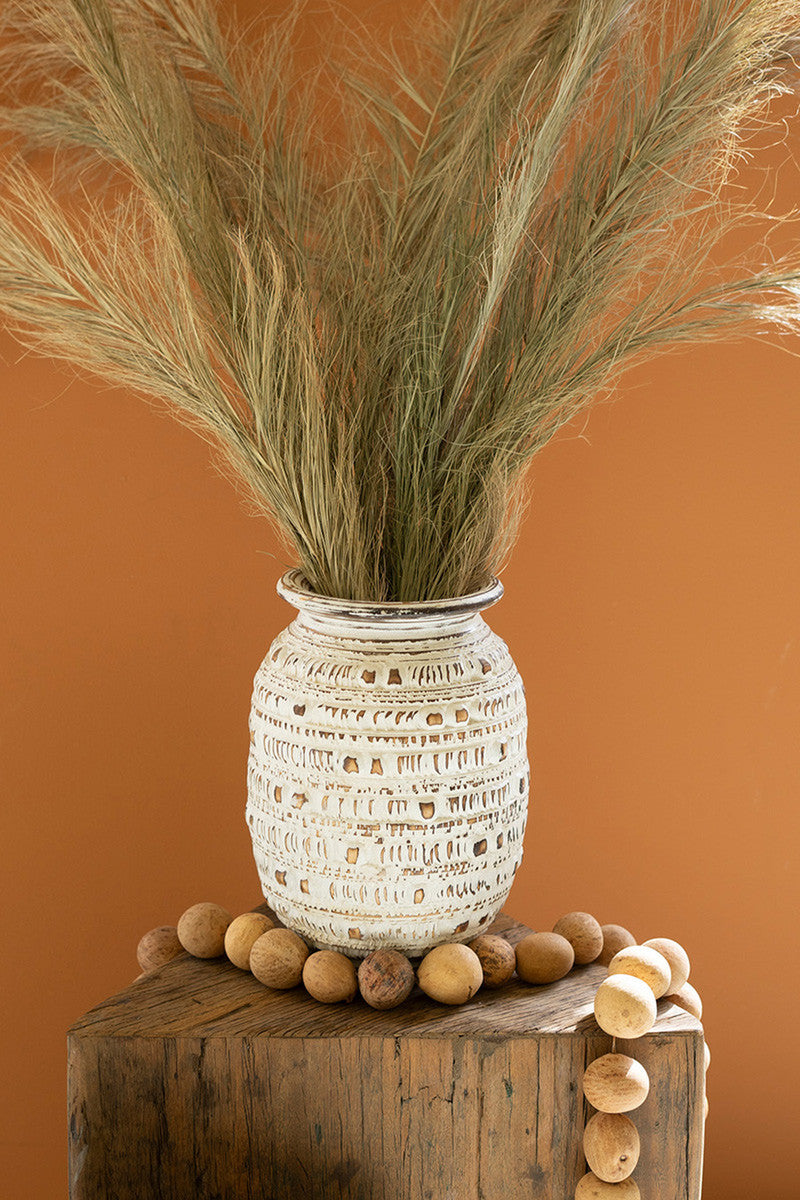 Hand-Carved Decorative Natural and White Wooden Urn