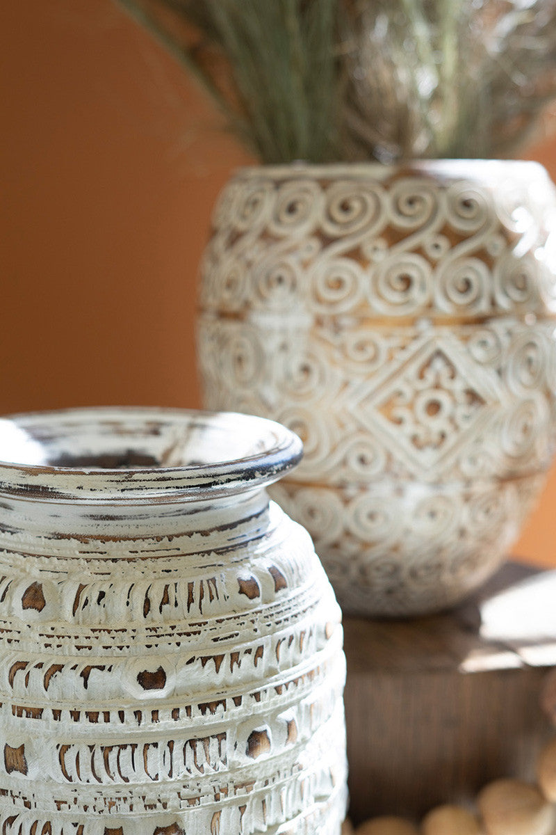 Hand-Carved Decorative Natural and White Wooden Urn