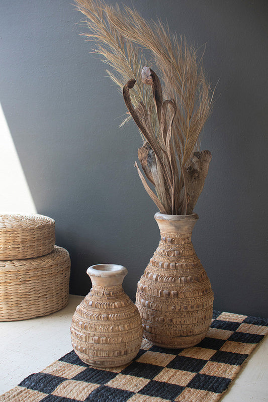 Set of 2 Carved Wooden Vases