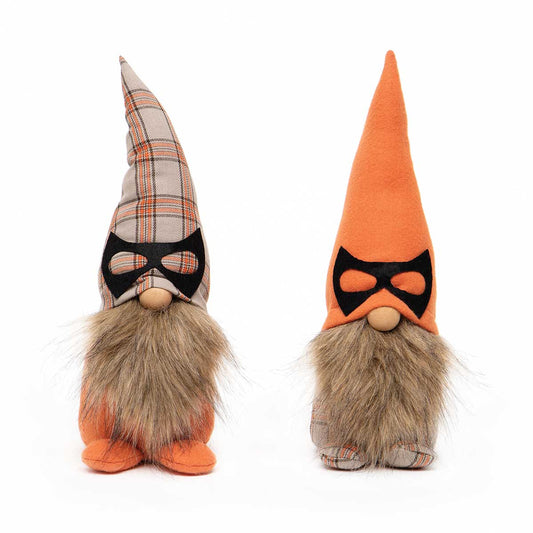 MASKED GNOME WITH WIRED ORANGE/PLAID HAT, WOOD NOSE