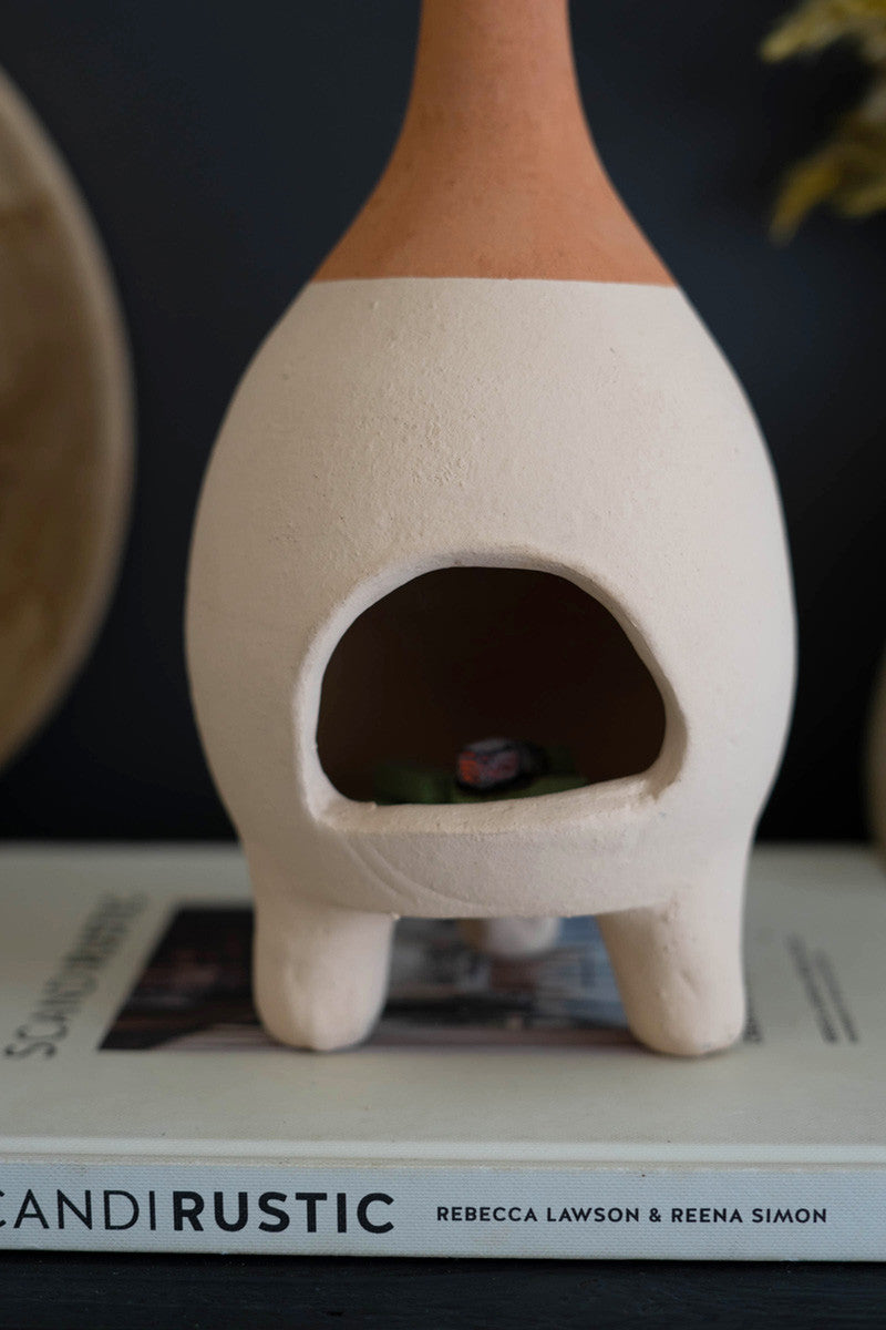 IVORY-DIPPED TABLETOP CLAY CHIMINEA INSENSE BURNER