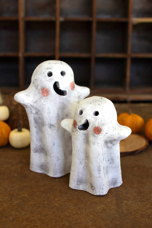 SET OF TWO TABLETOP CLAY GHOST LANTERNS