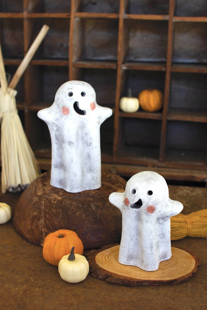 SET OF TWO TABLETOP CLAY GHOST LANTERNS